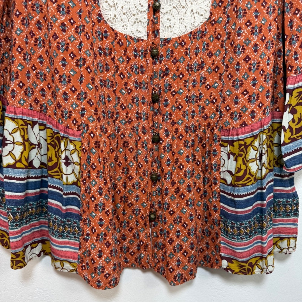 Maeve Anthropologie Mixed Print Blouse Sz 4 Orange Lace Bib Boho Ruffle Peasant - Picture 4 of 14